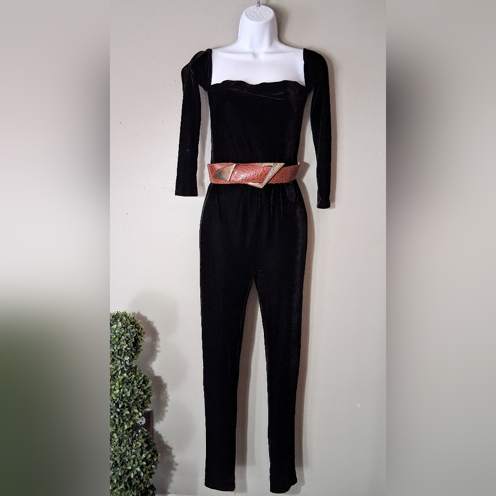 Vintage Goth Sexy Black, Form Fitting Suit - Attached Sleeves - Velvet - M